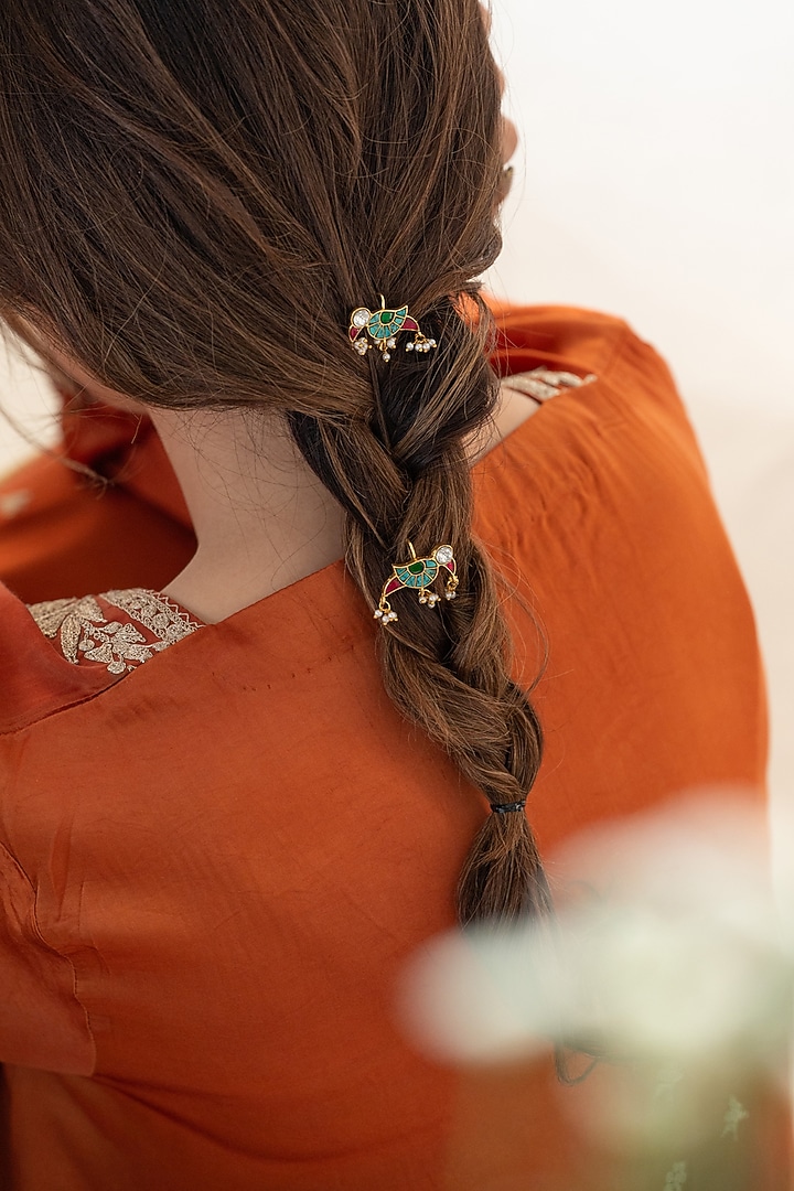 Gold Plated Multi-Colored Kundan Polki & Pearl Braid Pins (Set Of 2) by Do Taara at Pernia's Pop Up Shop