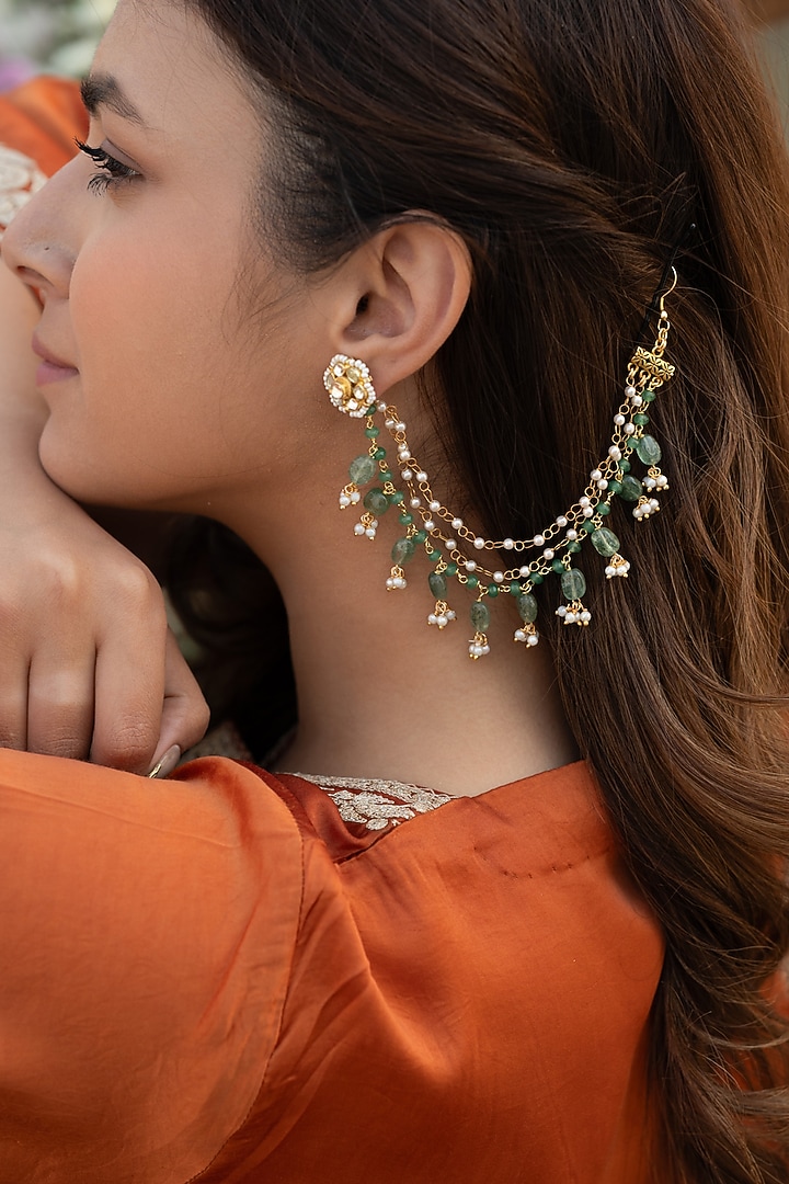 Gold Plated Mint Natural Stone & Pearl Ear Chains by Do Taara at Pernia's Pop Up Shop