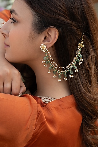 Gold Plated Mint Natural Stone & Pearl Ear Chains by Do Taara