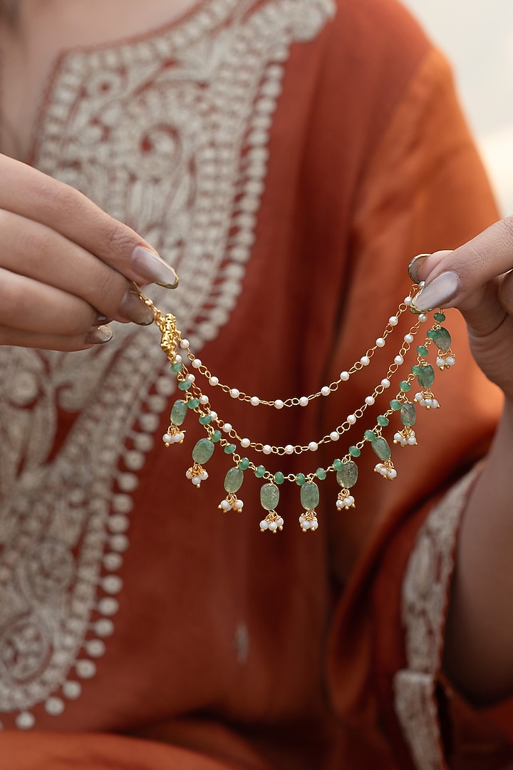 Gold Plated Mint Natural Stone & Pearl Ear Chains by Do Taara at Pernia's Pop Up Shop