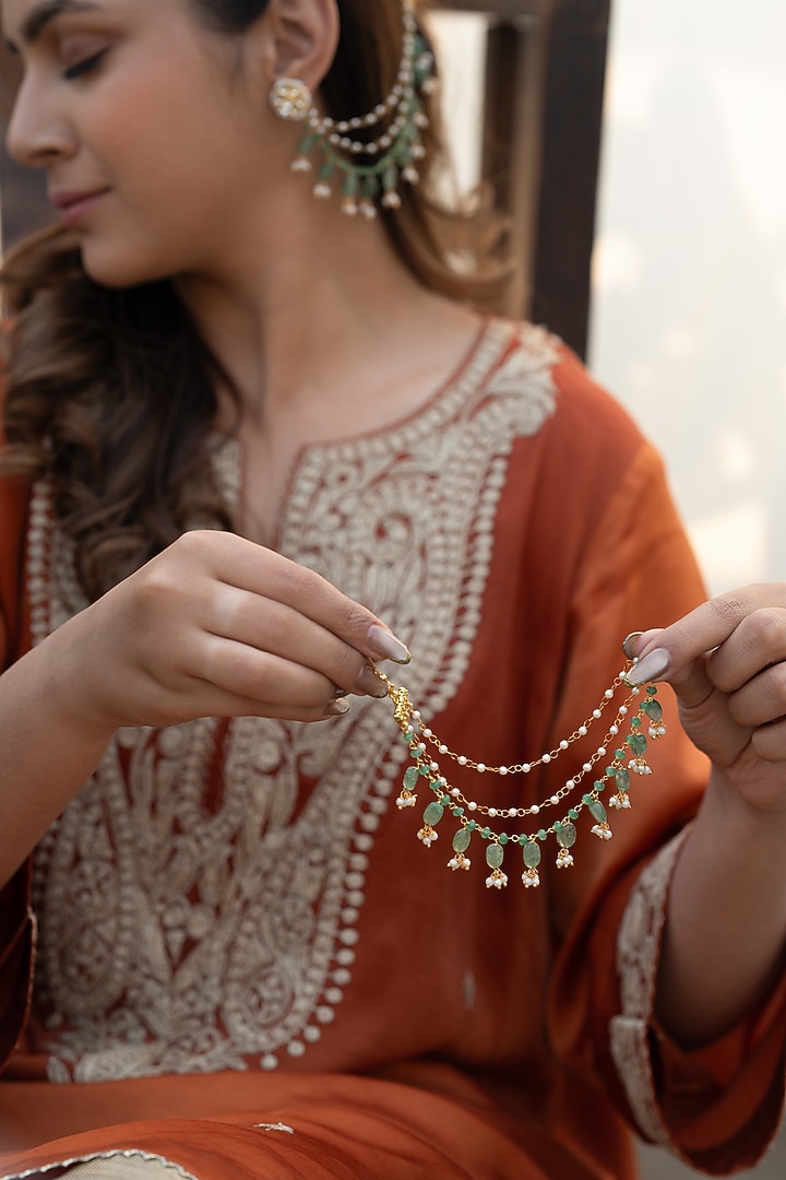 Gold Plated Mint Natural Stone & Pearl Ear Chains by Do Taara at Pernia's Pop Up Shop