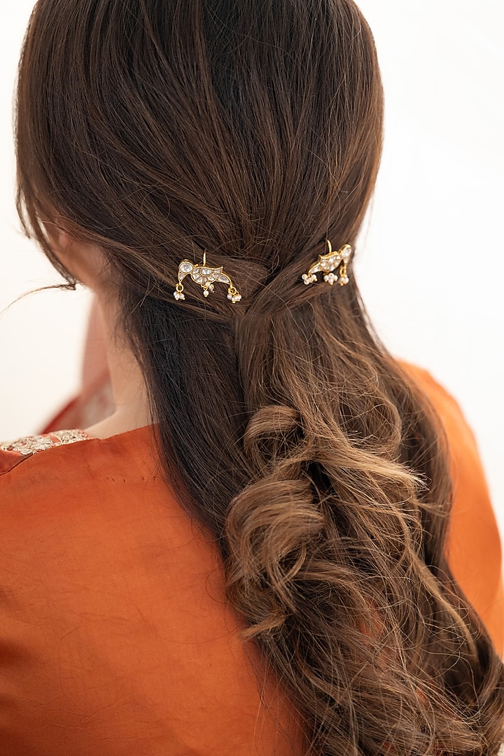 Gold Plated Multi-Colored Kundan Polki & Pearl Braid Pins (Set Of 2) by Do Taara at Pernia's Pop Up Shop