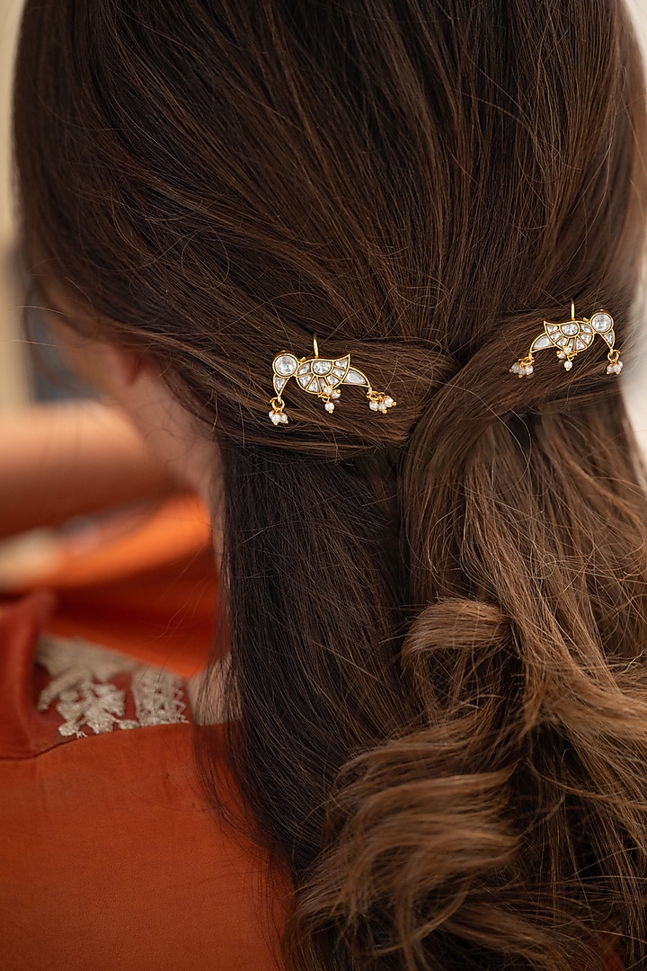 Gold Plated Multi-Colored Kundan Polki & Pearl Braid Pins (Set Of 2) by Do Taara at Pernia's Pop Up Shop