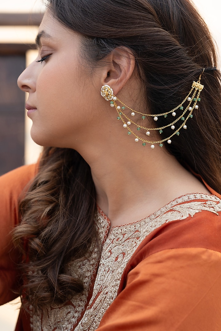 Gold Plated Mint Onyx & Pearl Ear Chains by Do Taara at Pernia's Pop Up Shop