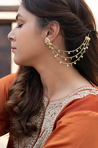 Gold Plated Mint Onyx & Pearl Ear Chains by Do Taara
