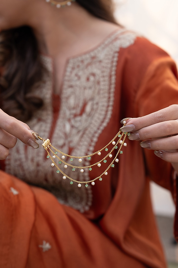 Gold Plated Mint Onyx & Pearl Ear Chains by Do Taara at Pernia's Pop Up Shop