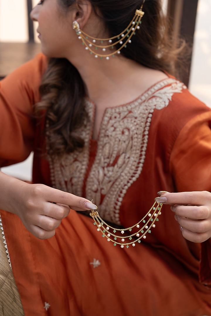 Gold Plated Mint Onyx & Pearl Ear Chains by Do Taara at Pernia's Pop Up Shop