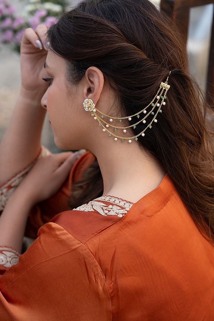 Gold Plated Mint Onyx & Pearl Ear Chains by Do Taara at Pernia's Pop Up Shop