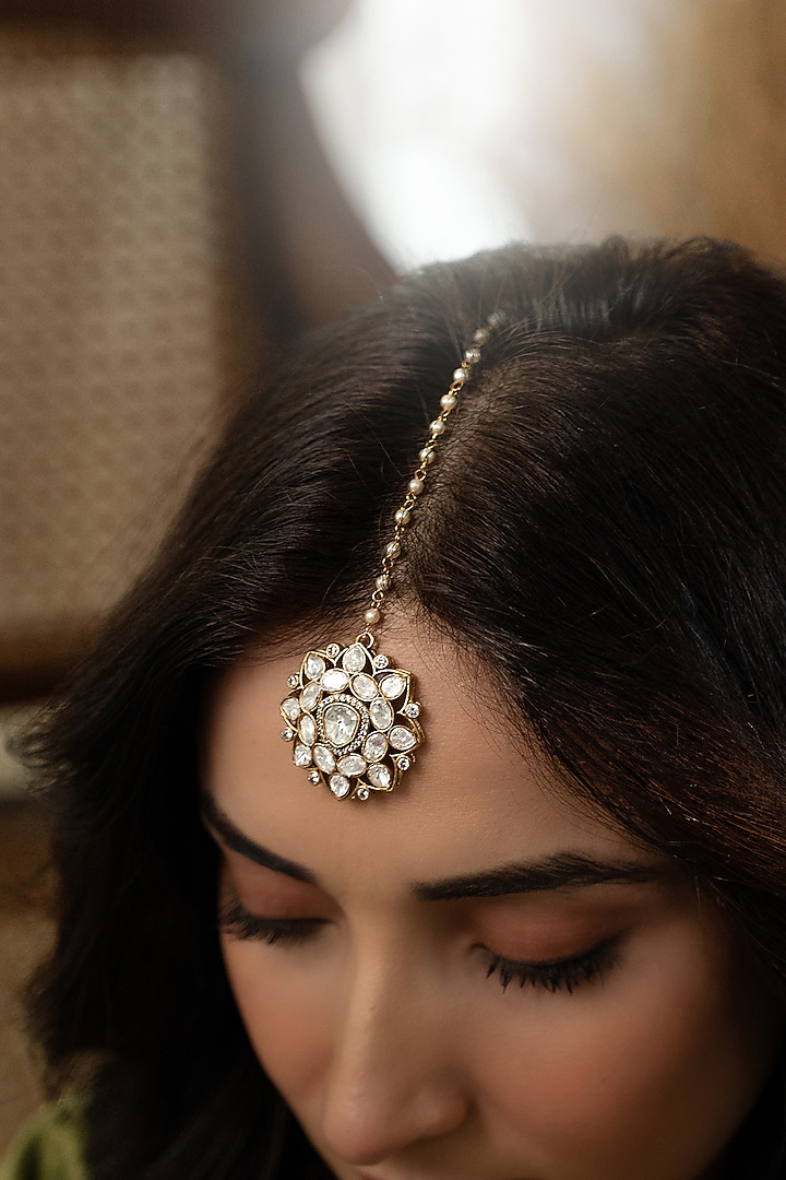 Gold Plated Kundan Polki Floral Maangtikka by Do Taara at Pernia's Pop Up Shop