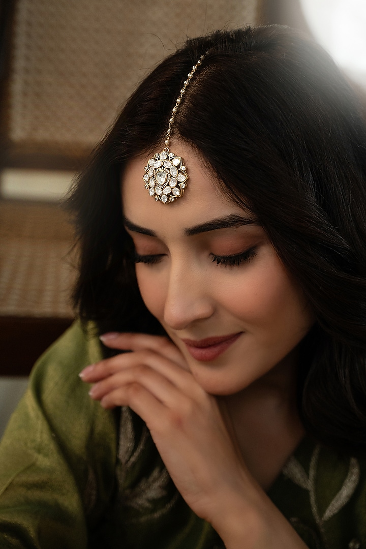 Gold Plated Kundan Polki Floral Maangtikka by Do Taara at Pernia's Pop Up Shop