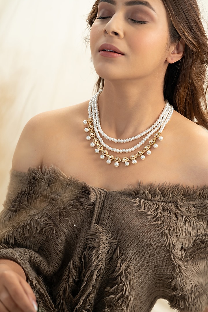 Gold Plated Kundan Polki & Pearl Layered Necklace by Do Taara at Pernia's Pop Up Shop