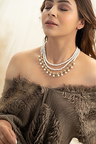 Gold Plated Kundan Polki & Pearl Layered Necklace by Do Taara