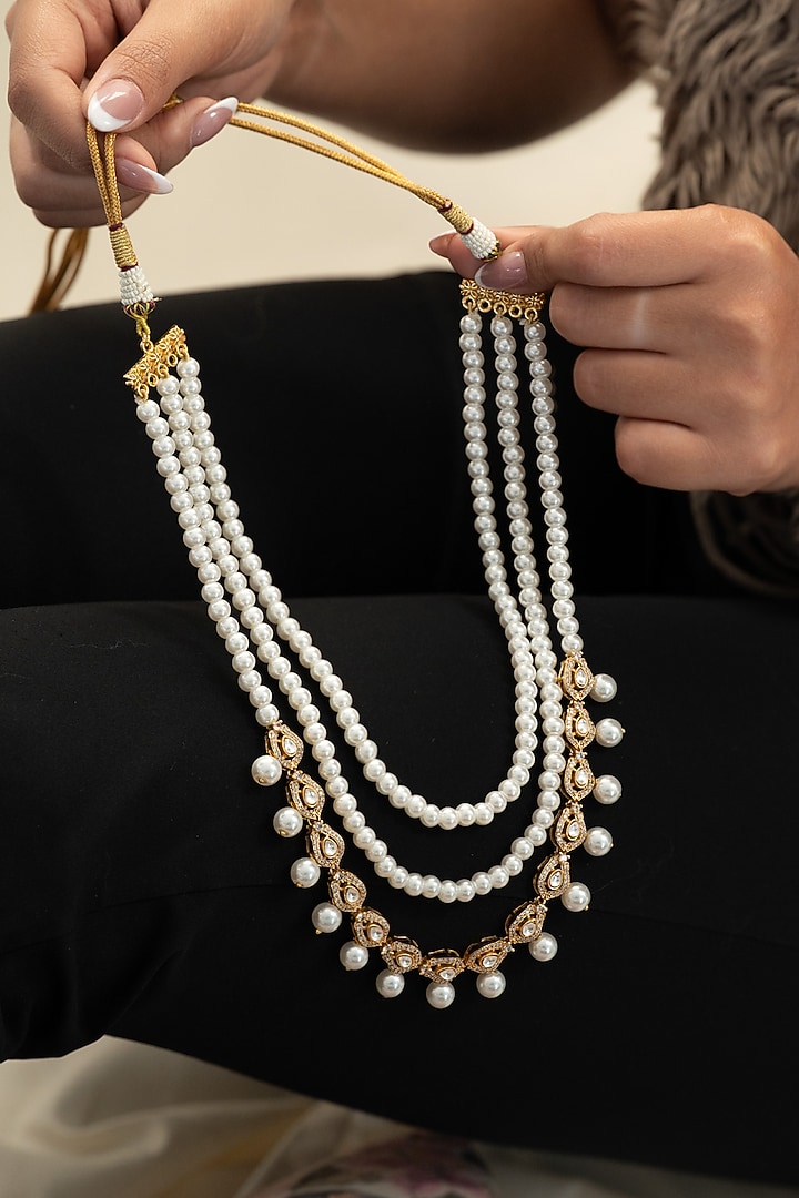Gold Plated Kundan Polki & Pearl Layered Necklace by Do Taara at Pernia's Pop Up Shop