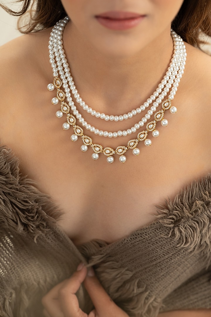 Gold Plated Kundan Polki & Pearl Layered Necklace by Do Taara at Pernia's Pop Up Shop