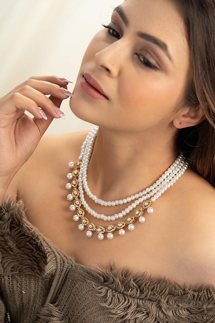 Gold Plated Kundan Polki & Pearl Layered Necklace by Do Taara at Pernia's Pop Up Shop