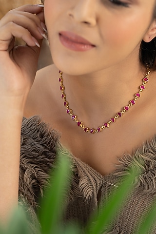 Gold Plated Red Kundan Polki Heart-Shaped Necklace by Do Taara