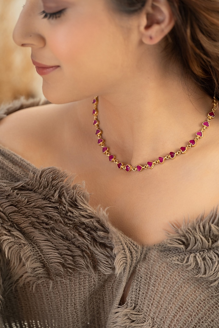 Gold Plated Red Kundan Polki Heart-Shaped Necklace by Do Taara at Pernia's Pop Up Shop
