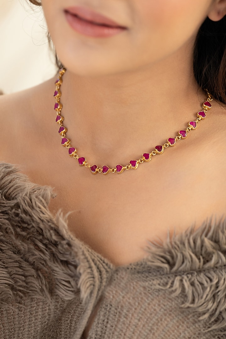 Gold Plated Red Kundan Polki Heart-Shaped Necklace by Do Taara at Pernia's Pop Up Shop