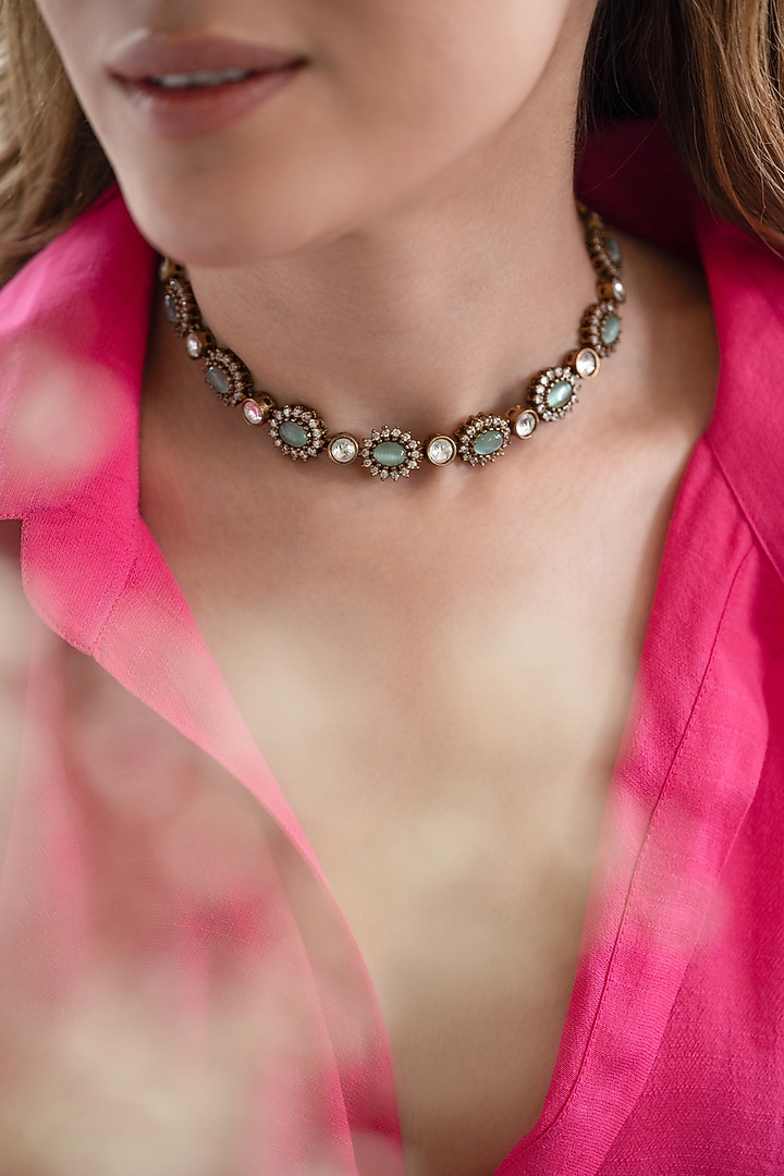 Gold Plated Kundan Polki & Green Cabochon Stone Choker Necklace by Do Taara at Pernia's Pop Up Shop
