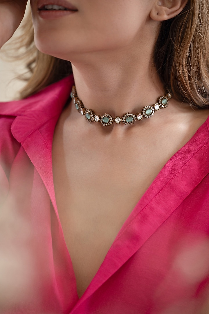 Gold Plated Kundan Polki & Green Cabochon Stone Choker Necklace by Do Taara at Pernia's Pop Up Shop
