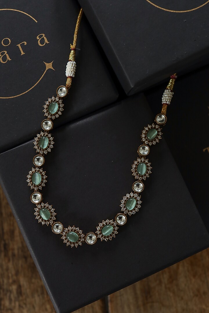 Gold Plated Kundan Polki & Green Cabochon Stone Choker Necklace by Do Taara at Pernia's Pop Up Shop