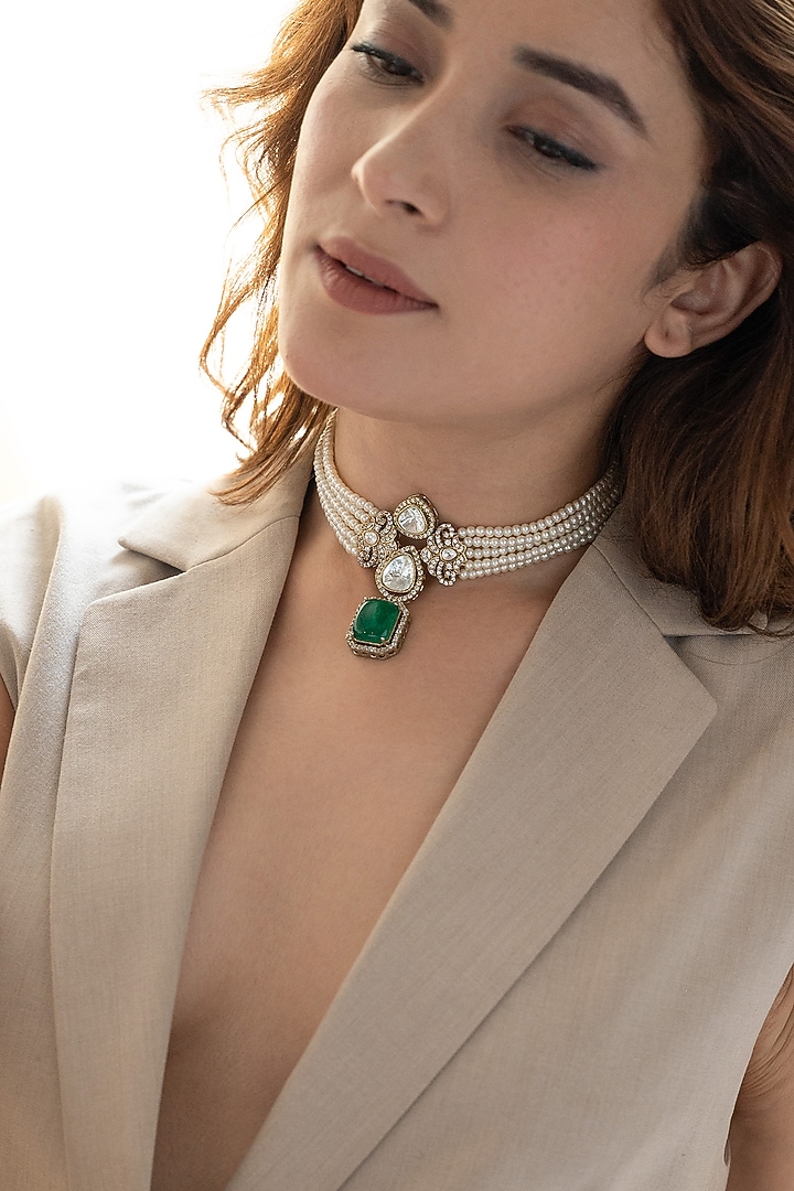 Gold Plate Pearl & Green Stone Choker Necklace by Do Taara at Pernia's Pop Up Shop