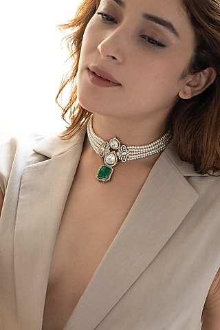 Gold Plate Pearl & Green Stone Choker Necklace by Do Taara