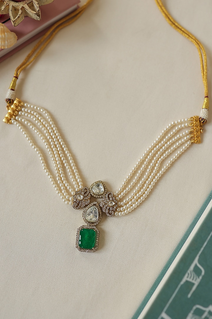 Gold Plate Pearl & Green Stone Choker Necklace by Do Taara at Pernia's Pop Up Shop