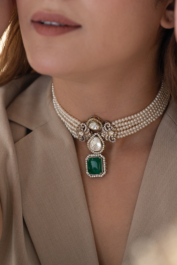 Gold Plate Pearl & Green Stone Choker Necklace by Do Taara at Pernia's Pop Up Shop