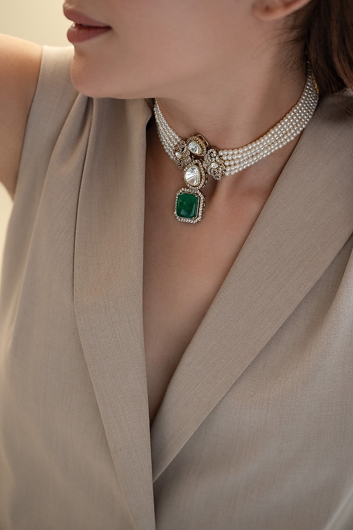 Gold Plate Pearl & Green Stone Choker Necklace by Do Taara at Pernia's Pop Up Shop