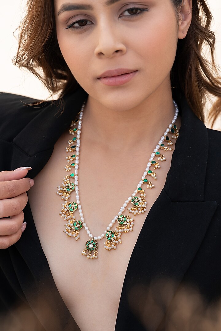 Gold Plated Kundan Polki & Pearl Green Enameled Necklace by Do Taara at Pernia's Pop Up Shop