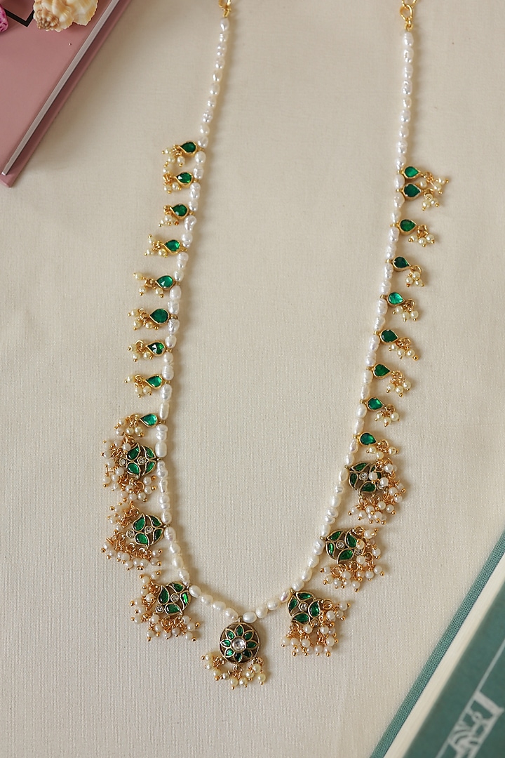 Gold Plated Kundan Polki & Pearl Green Enameled Necklace by Do Taara at Pernia's Pop Up Shop