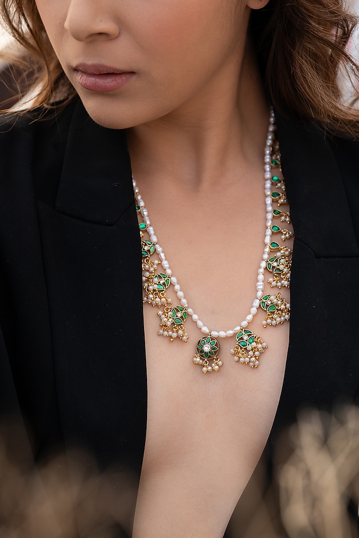 Gold Plated Kundan Polki & Pearl Green Enameled Necklace by Do Taara at Pernia's Pop Up Shop