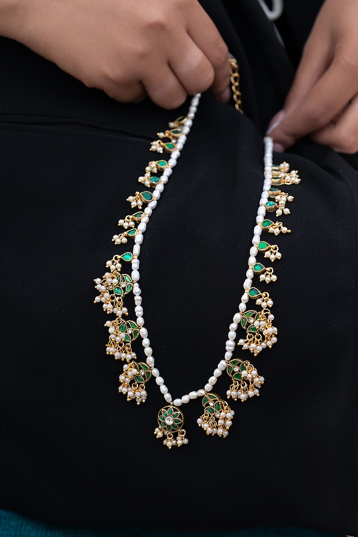Gold Plated Kundan Polki & Pearl Green Enameled Necklace by Do Taara at Pernia's Pop Up Shop