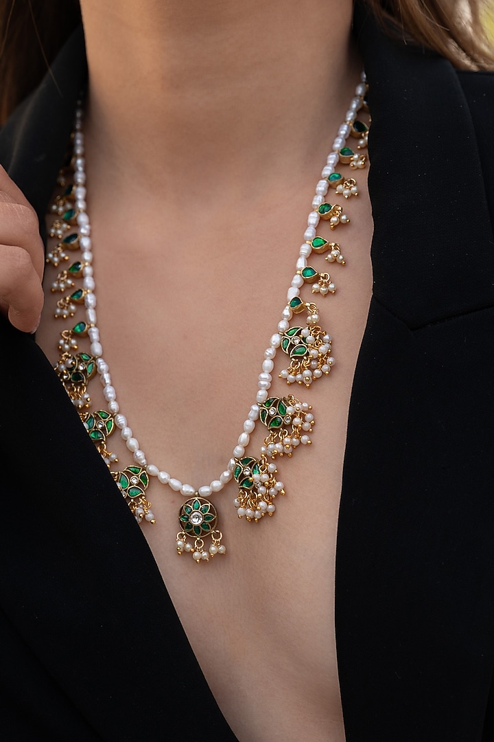 Gold Plated Kundan Polki & Pearl Green Enameled Necklace by Do Taara at Pernia's Pop Up Shop