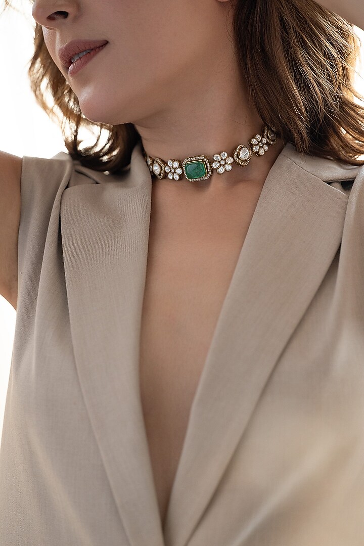 Gold Plated Kundan Polki & Green Cabochon Stone Choker Necklace by Do Taara at Pernia's Pop Up Shop