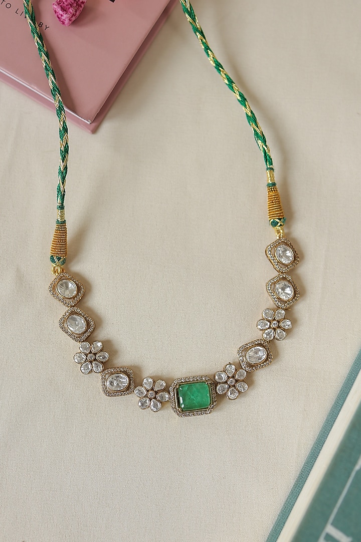 Gold Plated Kundan Polki & Green Cabochon Stone Choker Necklace by Do Taara at Pernia's Pop Up Shop