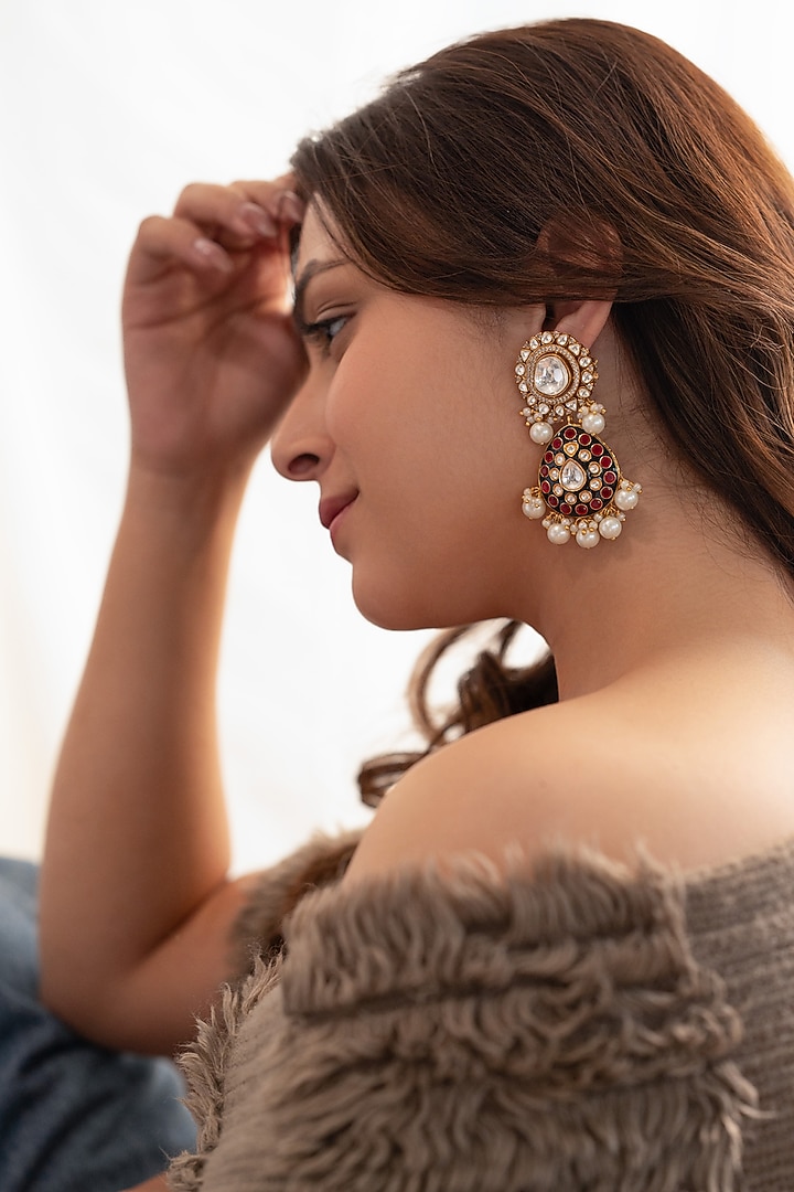 Gold Plated Uncut Kundan Polki & Red Meenakari Dangler Earrings by Do Taara at Pernia's Pop Up Shop