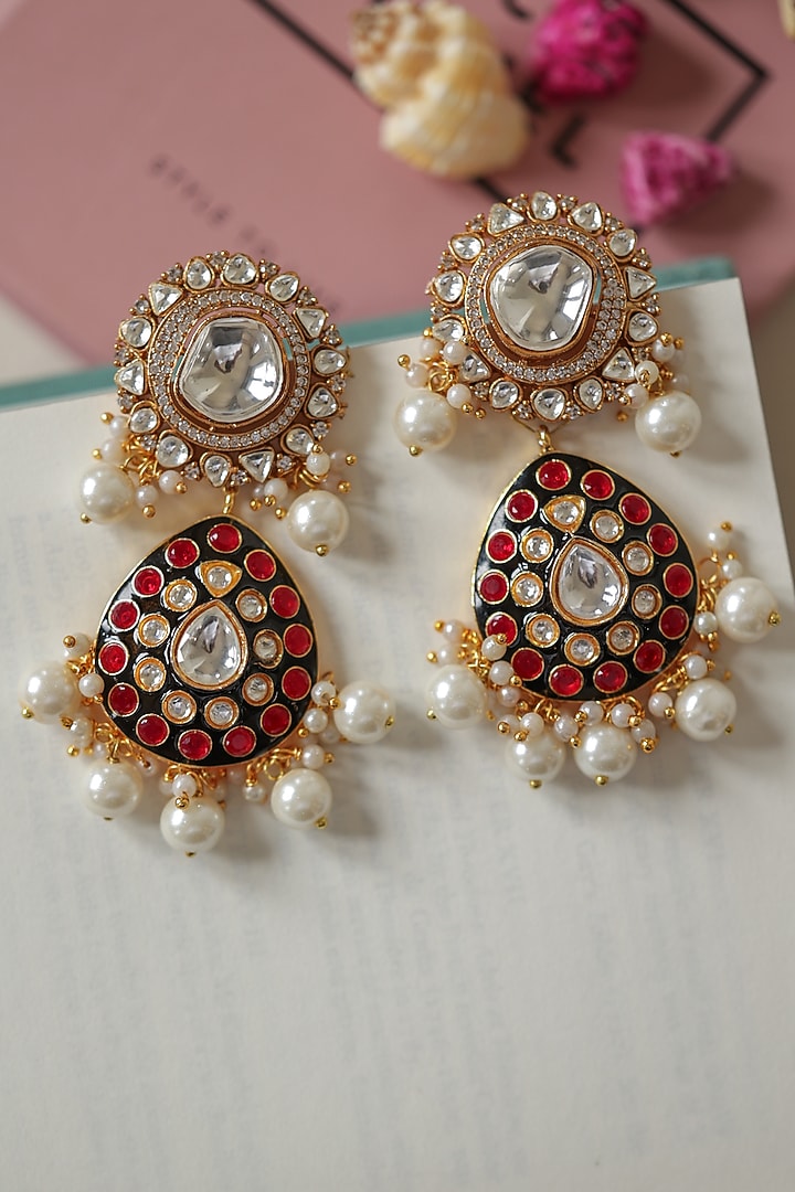 Gold Plated Uncut Kundan Polki & Red Meenakari Dangler Earrings by Do Taara at Pernia's Pop Up Shop