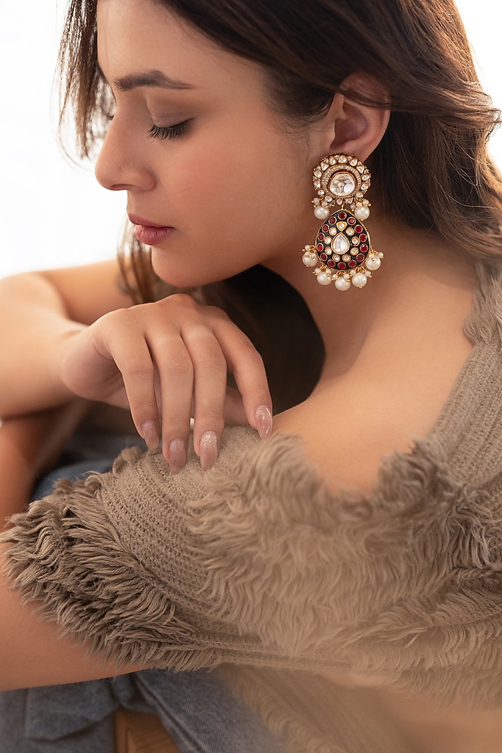 Gold Plated Uncut Kundan Polki & Red Meenakari Dangler Earrings by Do Taara at Pernia's Pop Up Shop