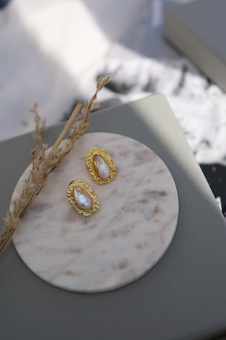 Gold Plated Baroque Pearl Stud Earrings by Do Taara at Pernia's Pop Up Shop