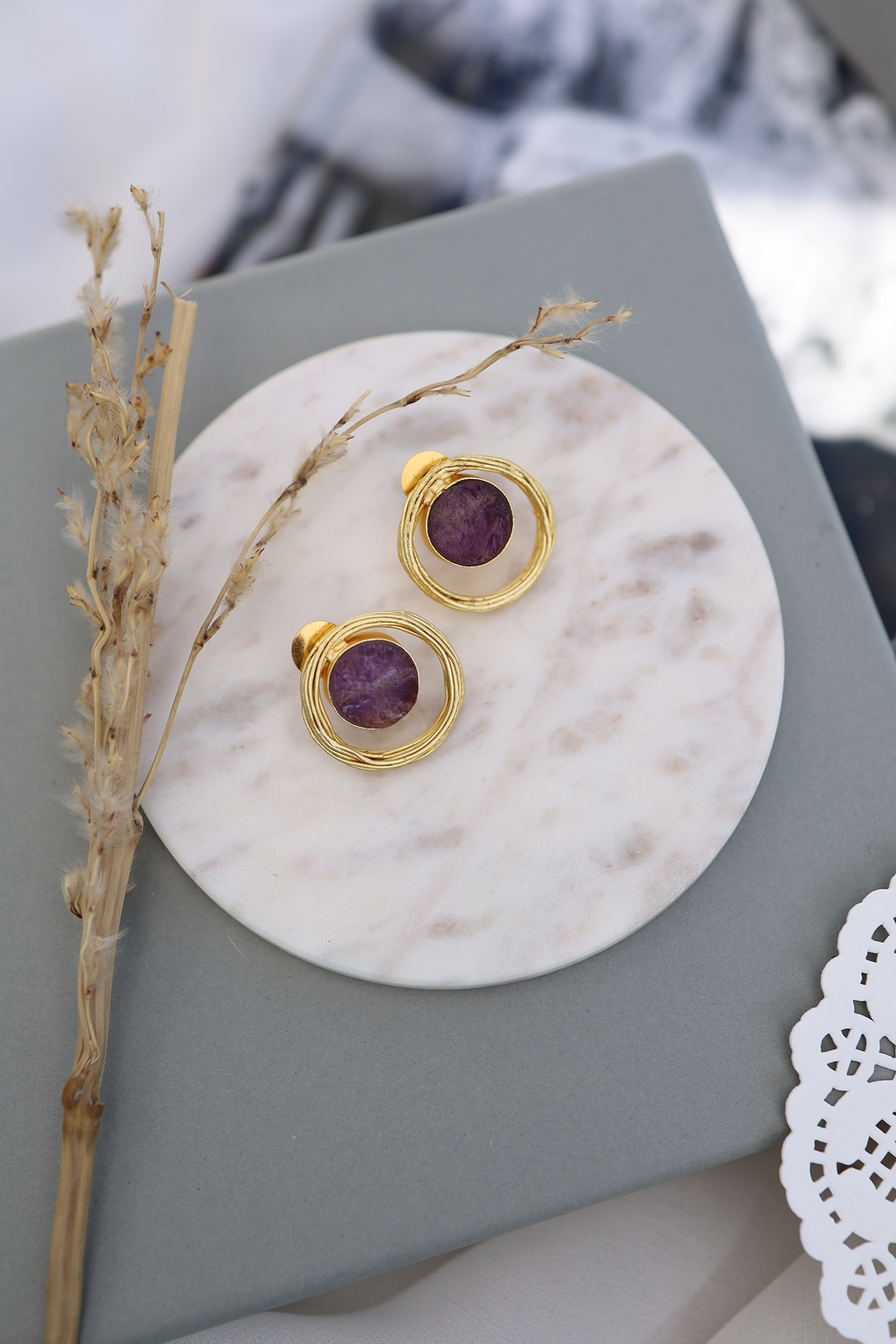 Dark Purple Color Antique Ravioli Stone Earrings (ANTE1559DPRP)
