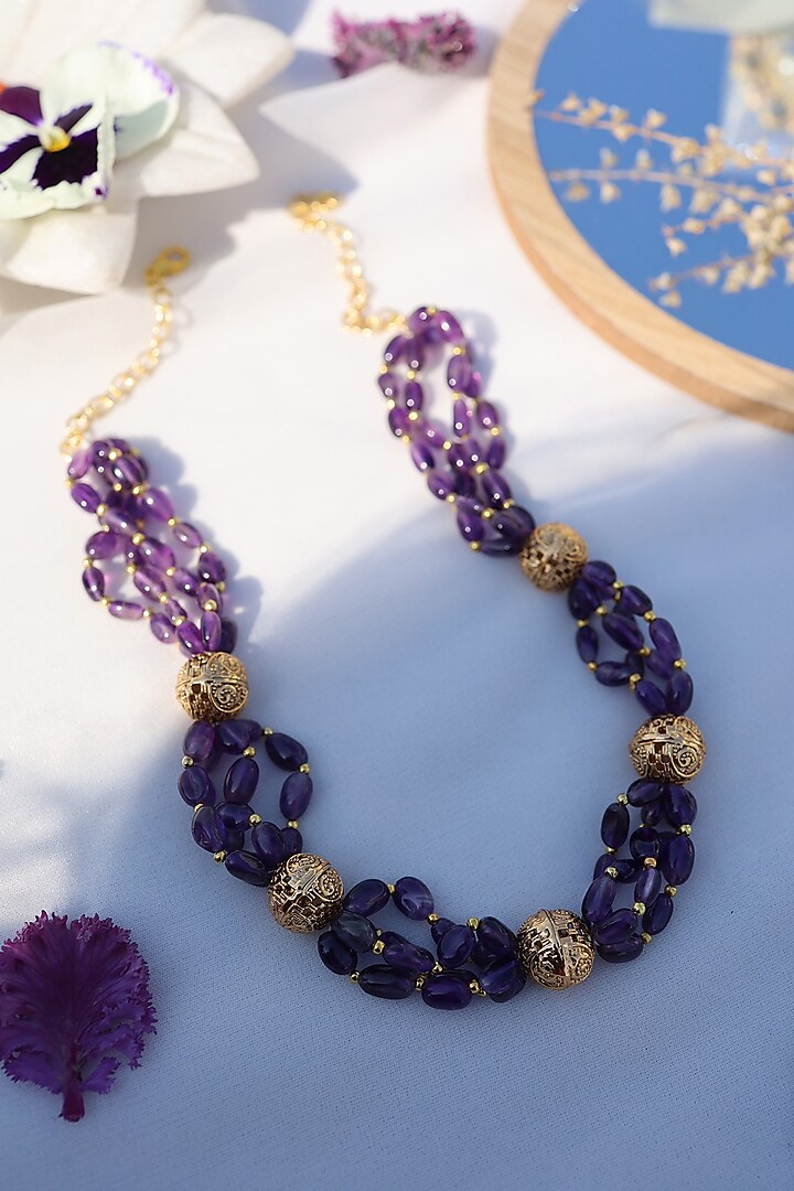 Gold Finish Purple Natural Stone Necklace by Phiroza