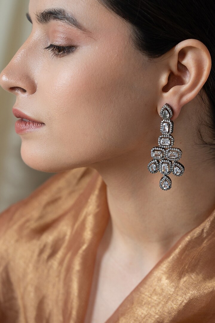 Black Rhodium Finish Cubic Zirconia Dangler Earrings by Do Taara at Pernia's Pop Up Shop