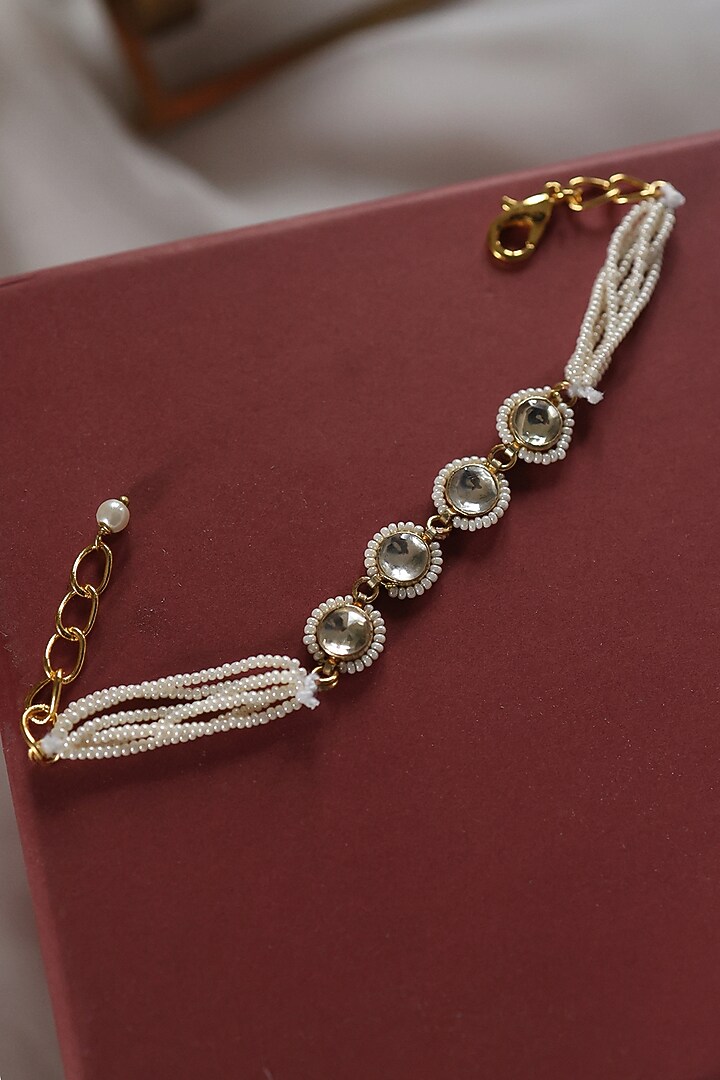 Gold Plated Pearl & Kundan Polki Adjustable Bracelet by Do Taara at Pernia's Pop Up Shop