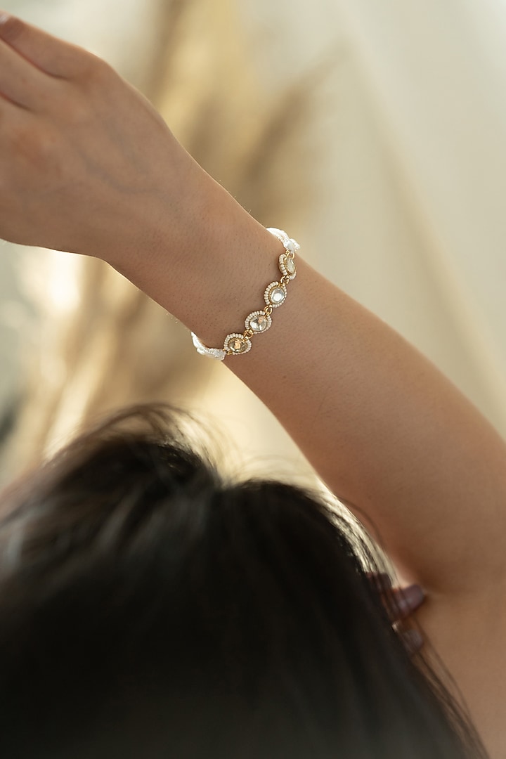 Gold Plated Pearl & Kundan Polki Adjustable Bracelet by Do Taara at Pernia's Pop Up Shop