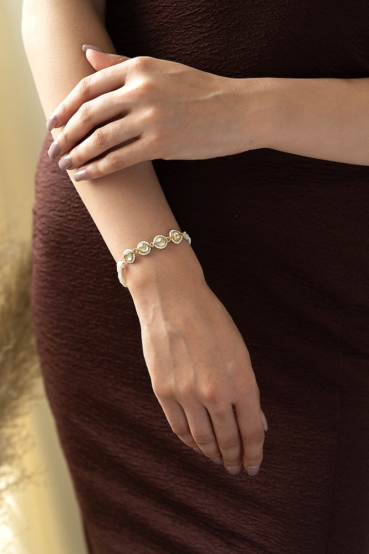 Gold Plated Pearl & Kundan Polki Adjustable Bracelet by Do Taara at Pernia's Pop Up Shop