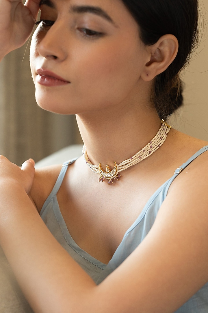 Gold Plated Kundan Polki & Pink Onyx Necklace by Do Taara at Pernia's Pop Up Shop