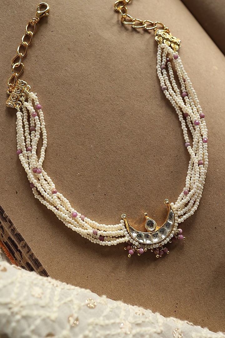 Gold Plated Kundan Polki & Pink Onyx Necklace by Do Taara at Pernia's Pop Up Shop