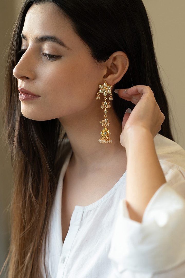 Gold Plated Kundan Polki & Pearl Dangler Earrings by Do Taara at Pernia's Pop Up Shop